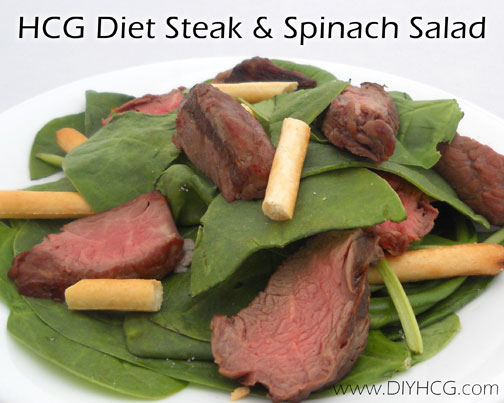 This steak and spinach salad is so fresh and tastes amazing. This is the perfect summer-time lunch while on HCG Phase 2.
