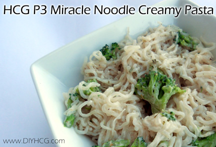 This awesome recipe for phase 3 of the HCG diet made with miracle noodles, greek yogurt, pesto sauce, and more... I love it!