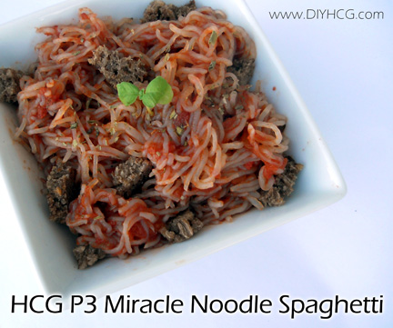This recipe makes a delicious spaghetti using zero-calorie miracle noodles for Phase 3 of the HCG diet... love it! 